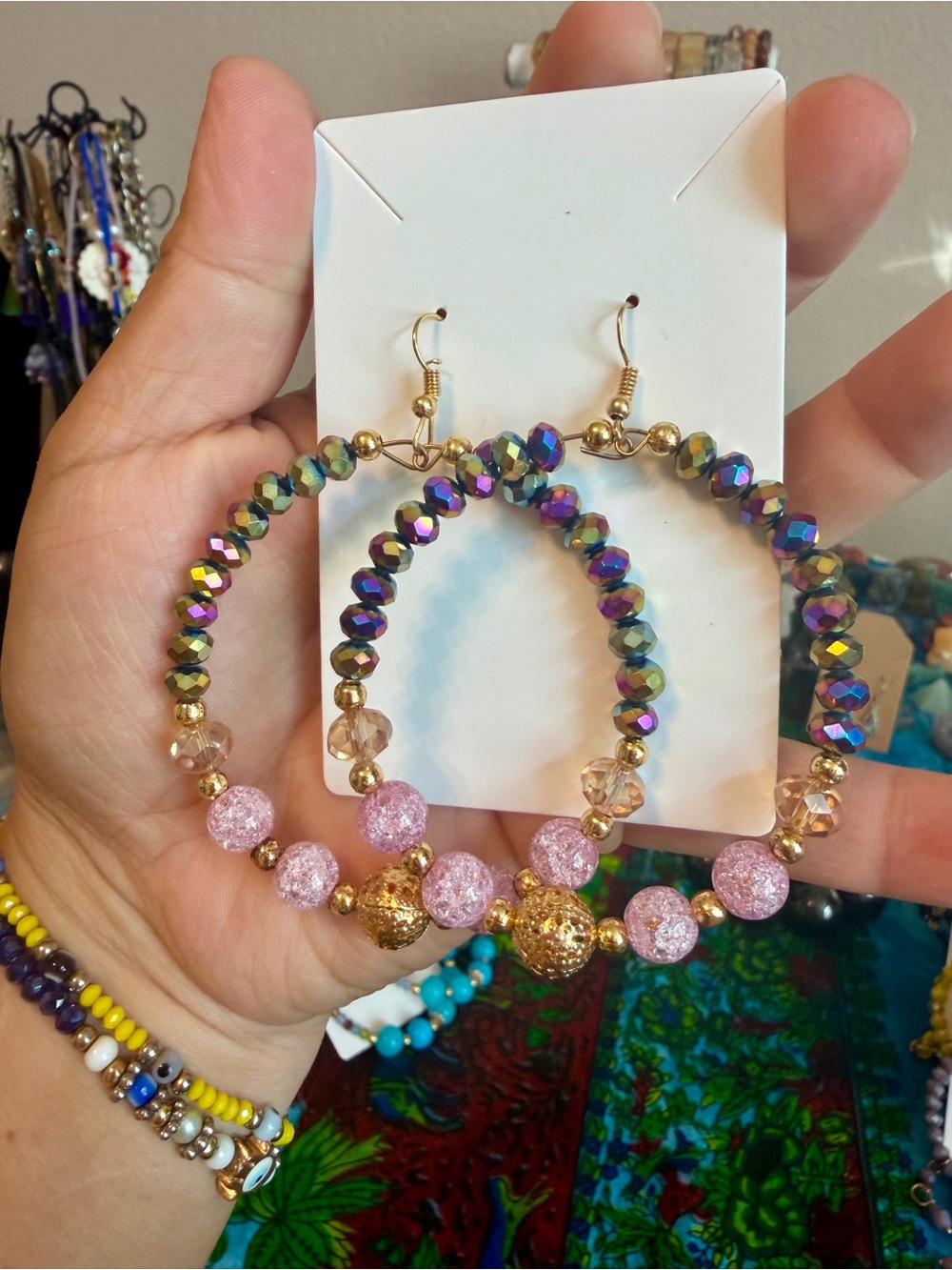 Iridescent Czech Crystal  Hoop Earrings with Pink cracked bead